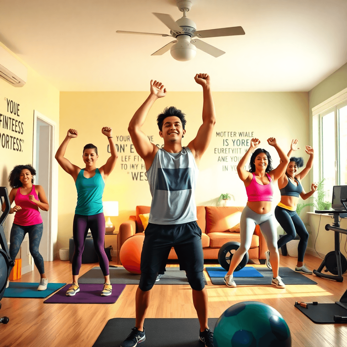 Egy élénk otthoni edzés jelenet, ahol motivált emberek különböző gyakorlatokat végeznek. A helyszín világos, inspiráló idézetekkel és fitneszeszközökkel van tele.