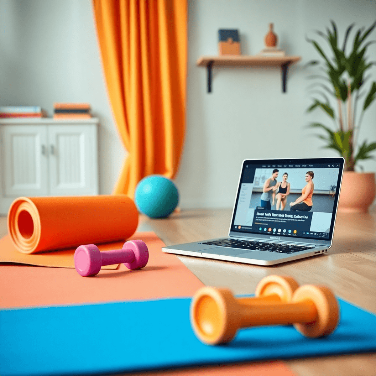 Egy élénk otthoni edzésjelenet, jógaszőnyeggel, súlyzókkal és egy laptopon online fitneszórával. Vidám színek motiváló légkört teremtenek.