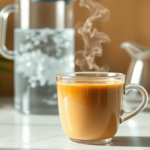 Egy gőzölgő csésze kávé áll a pultnál, mellette egy vízszűrő kanna található, mindez meleg fényben fürödve, kellemes hangulatot teremtve.