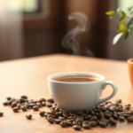 Egy gőzölgő csésze kávé egy fa asztalon, kávészemek és egy kis növény körülvéve, meleg és barátságos légkörben.