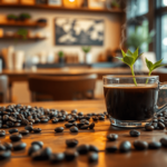 Egy gőzölgő csésze kávé egy fából készült asztalon, kávészemekkel és egy kis növénnyel körülvéve, puha, meleg világítással, amely barátságos hangul...