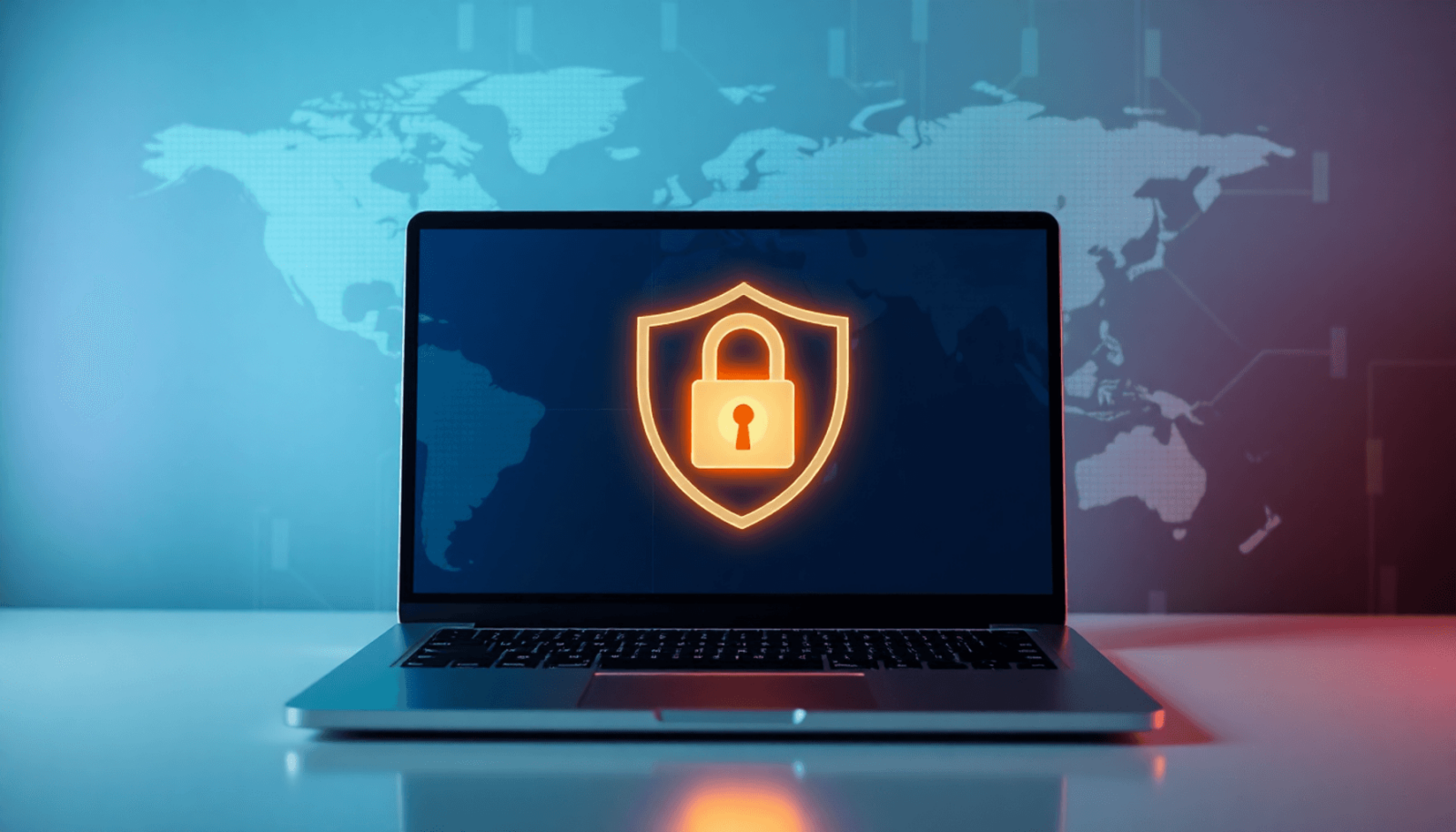 Egy laptop, amelynek képernyőjén egy biztonságos lakat szimbólum látható, egy digitális világtérkép hátterében, pajzs és VPN logóval, mindezek nyug...
