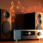 Egy magas hűségű audio rendszer elegáns hangszórókkal és egy letisztult vevőegységgel, finom zenei motívumokkal körülvéve, meleg és barátságos szín...