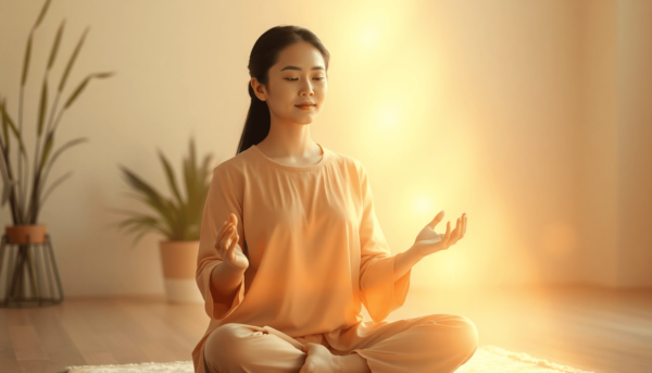 Egy meditációs pózban ülő személy, kinyújtott kezekkel, lágy fényekkel és természetes elemekkel körülvéve, a gyógyító energia áramlását és a nyugal...