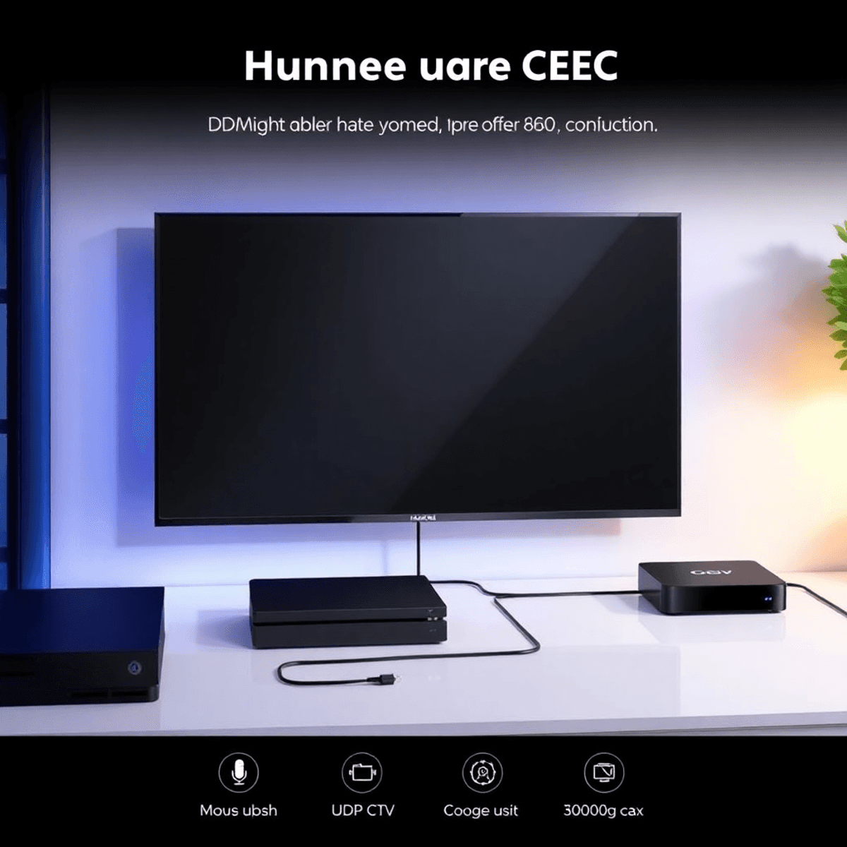 Egy modern HDMI beállítás, amely bemutatja a CEC funkciók kényelmét, stílusos televízióval és különböző csatlakoztatott eszközökkel vibráló színekben.