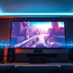 Egy modern otthoni mozi berendezés, amely egy nagy képernyőt tartalmaz, amely egy filmes jelenetet jelenít meg, és hangszórók, valamint hanghullámo...