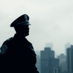 Egy sötét egyenruhás árnyékos alak áll a homályos városkép előtt, megtestesítve az elnyomást és a megfigyelést, míg a tompa színek fokozzák a félel...