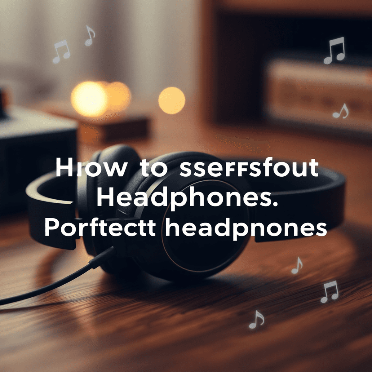 Hogyan válasszunk fejhallgatót? 5 egyszerű lépésben Egy stílusos fejhallgató közeli képe egy faasztalon, zenei jegyekkel és lágy világítással, a tökéletes fejhallgató kiválasztásának szimbólumaként.
