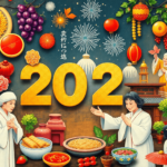 Egy színes kollázs, amely az újévi hagyományokat ábrázolja szimbolikus ételekkel, ünnepi öltözetekkel és kulturális tárgyakkal, ünnepelve a sokféle...