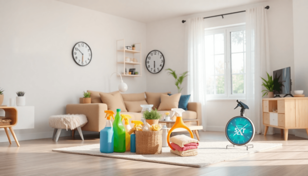 Egy világos, rendezett nappali, amelyben a takarítóeszközök szépen elrendezve találhatók, és egy falióra is van, frissítő légkört teremtve, amely e...