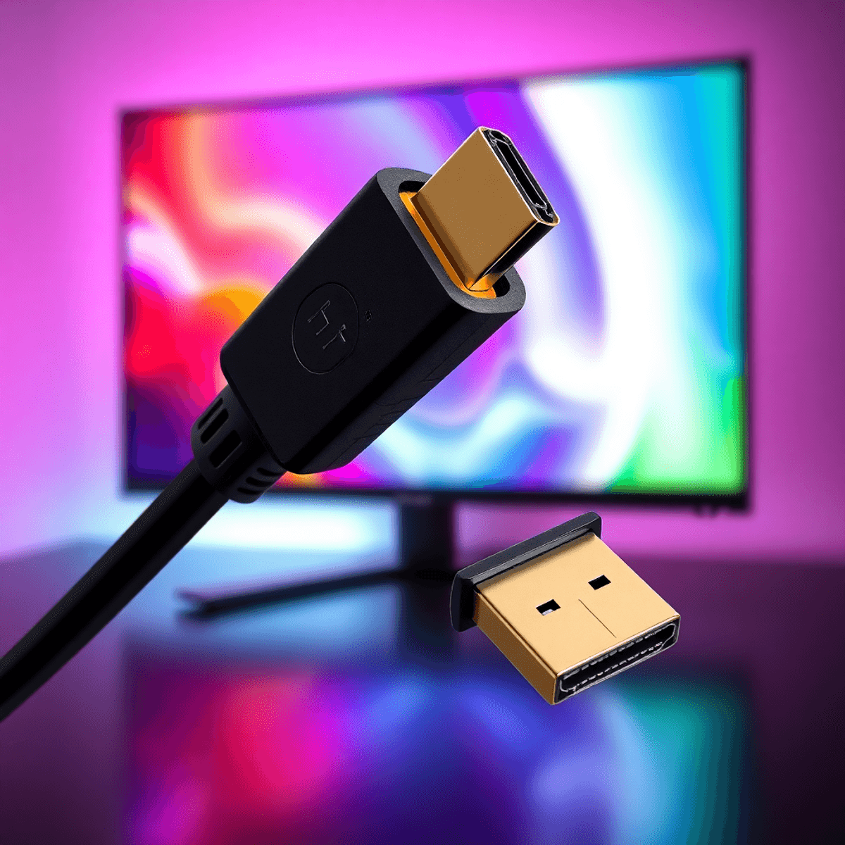 HDMI kábel, élénk színű és tiszta képet mutató modern tévé vagy számítógép háttérben, a modern technológia fontosságát szimbolizálva.