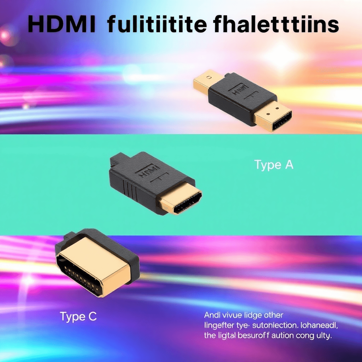 Három különböző HDMI csatlakozó (A, C és D típus) informáló elrendezésben, élénk háttérrel, amely a digitális technológiát és az audiovizuális minőséget hangsúlyozza.