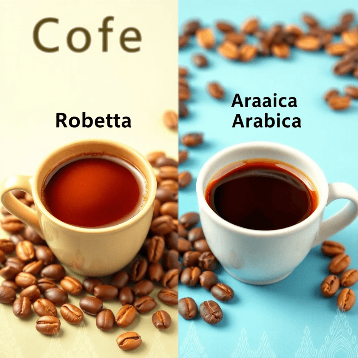 Két csésze kávé: bal oldalon egy erőteljes Robusta, jobb oldalon egy finom Arabica, háttérben mindkét kávébabbal.