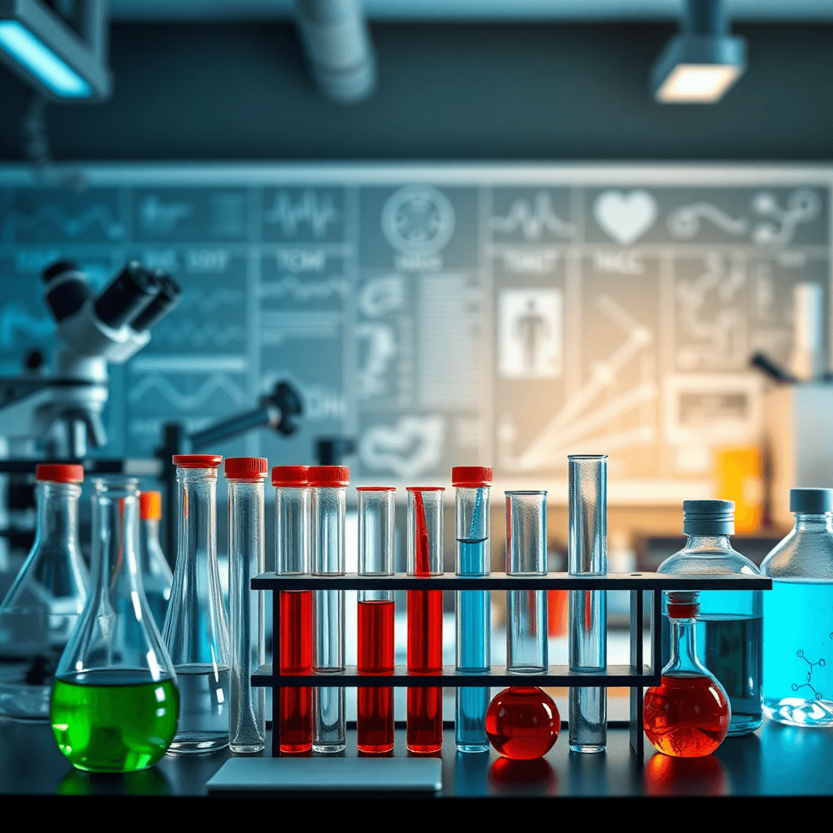 Laboratóriumi környezet tesztcsövekkel, mikroszkópokkal és kémiai formulákkal, háttérben lágy fókuszú orvosi diagramokkal és egészségügyi szimbólumokkal.