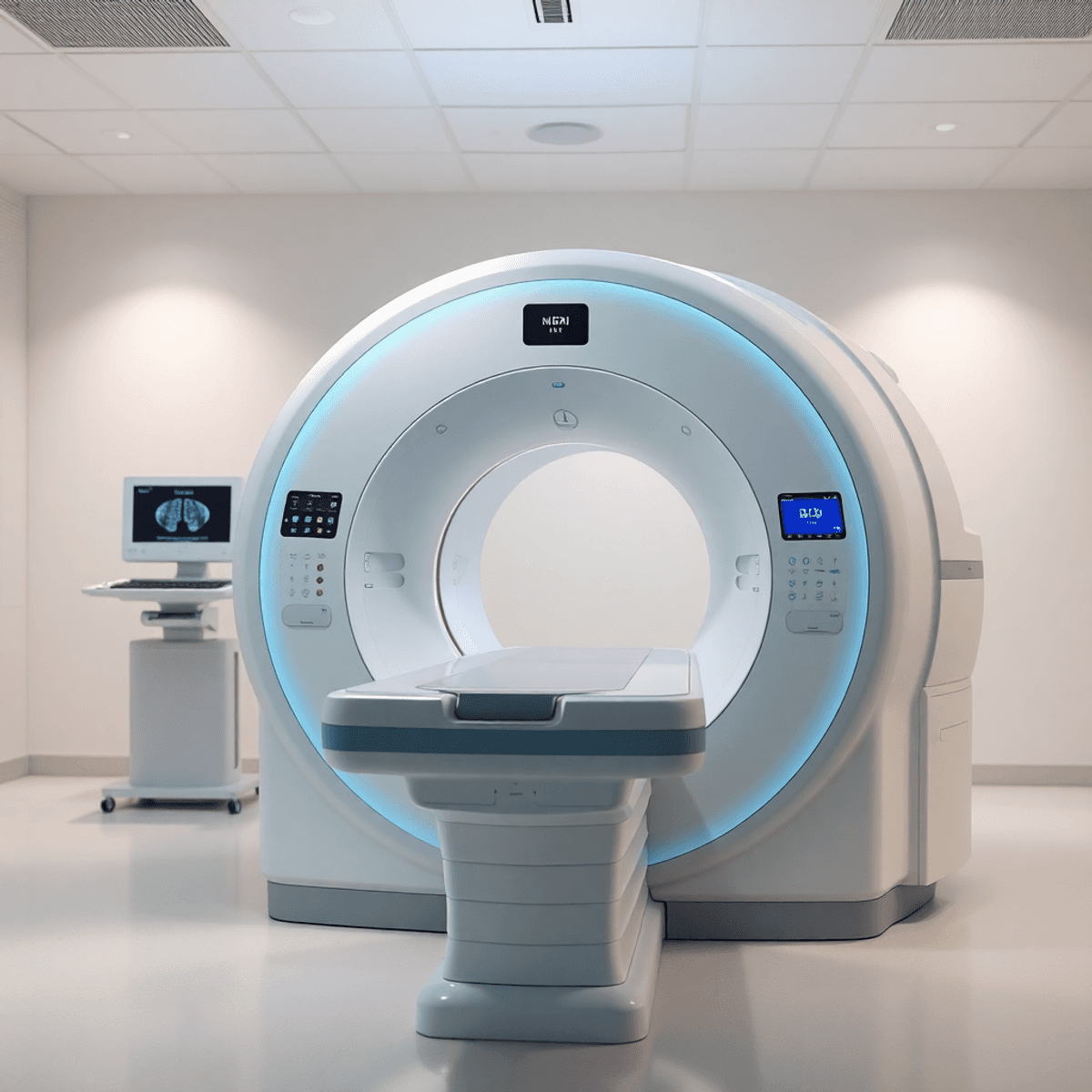 MRI gép egy klinikai környezetben, lágy világítással, amely a technológia és fejlett funkciók kiemelésére összpontosít.