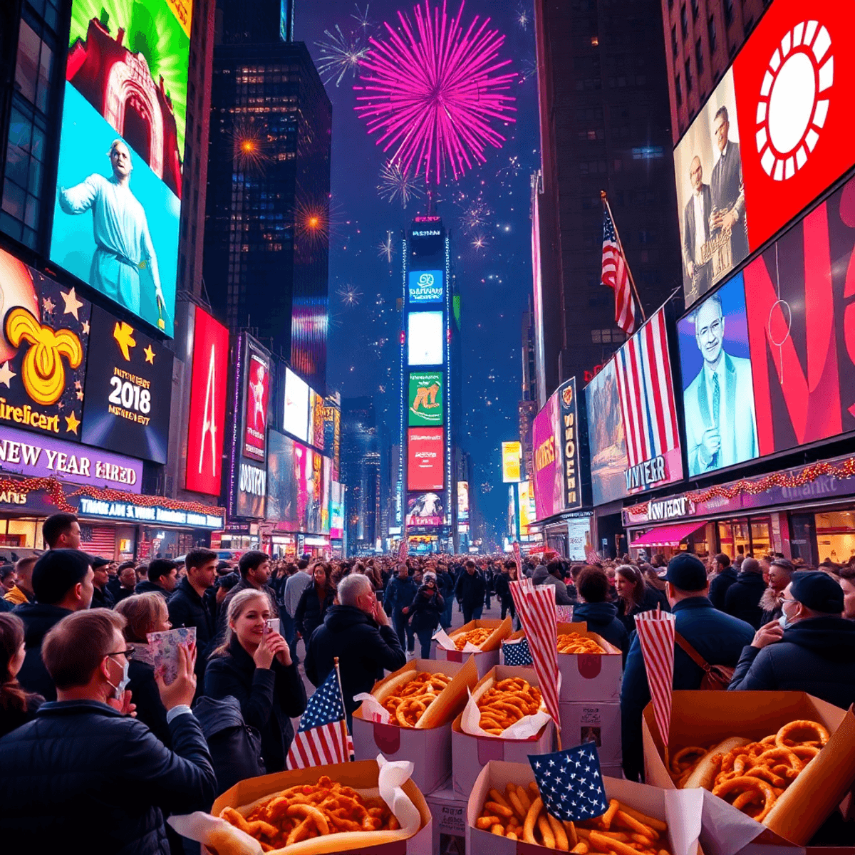 New Year's Eve ünneplés Times Square-en, színes fényekkel és nagy tömeggel, hagyományos amerikai ételek, mint hot dog és perec. Vidám és izgalmas hangulat.