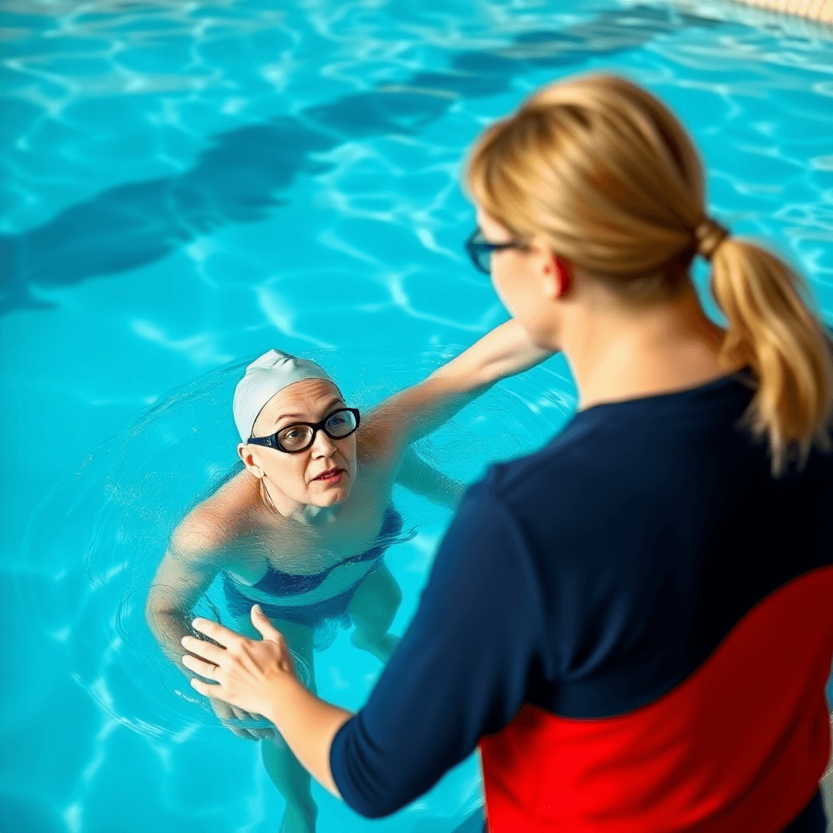 Nyugodt úszómedence, tiszta kék vízben. Egy edző technikákat mutat be egy felnőtt tanulónak, aki összpontosít. Úszófelszerelések és motiváló képek láthatók.