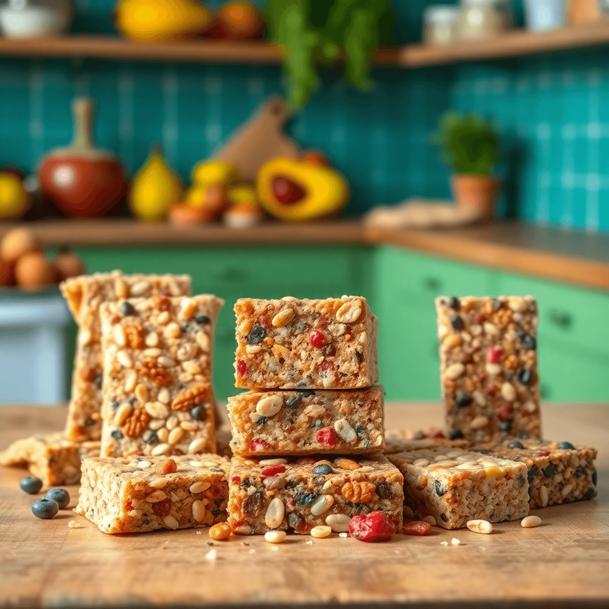 Színes protein szeletek egy fából készült asztalon, gazdag hozzávalókkal, mint diófélék, magvak és szárított gyümölcsök. Élénk konyhai háttérrel.