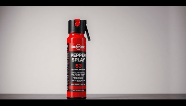 A paprika spray tartályának közeli képe egy semleges háttér előtt, kiemelve a designját és hangsúlyozva a személyes biztonságot és felhatalmazást.