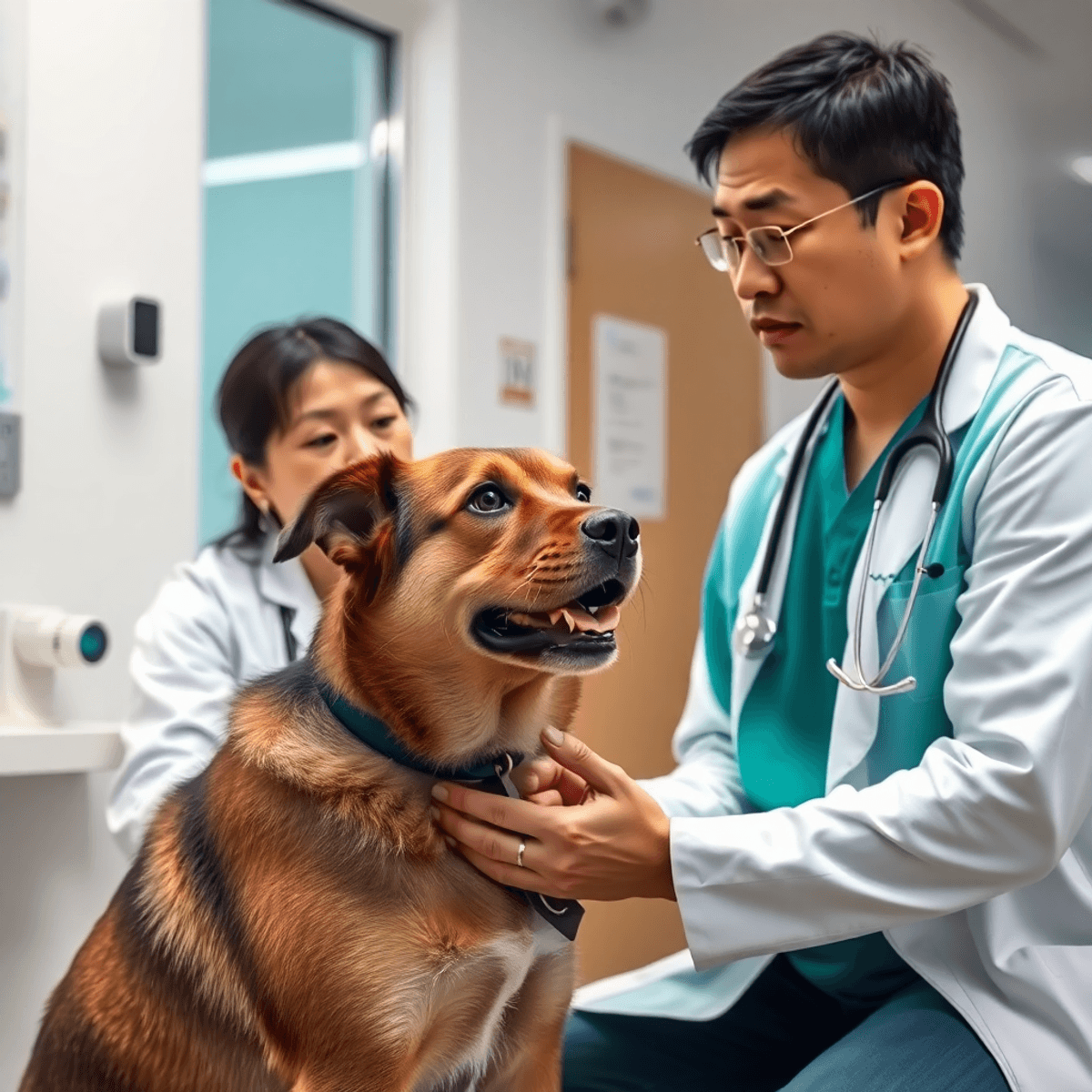 Egy aggódó kutyatartó konzultál egy állatorvossal egy modern klinikán, a kutya egészségére és jólétére fókuszálva.