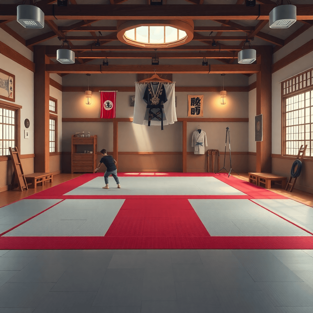Egy dinamikus és inspiráló kép egy harcművészeti dojóról, hagyományos szőnyegekkel és edzőfelszerelésekkel, barátságos, motiváló légkörben.