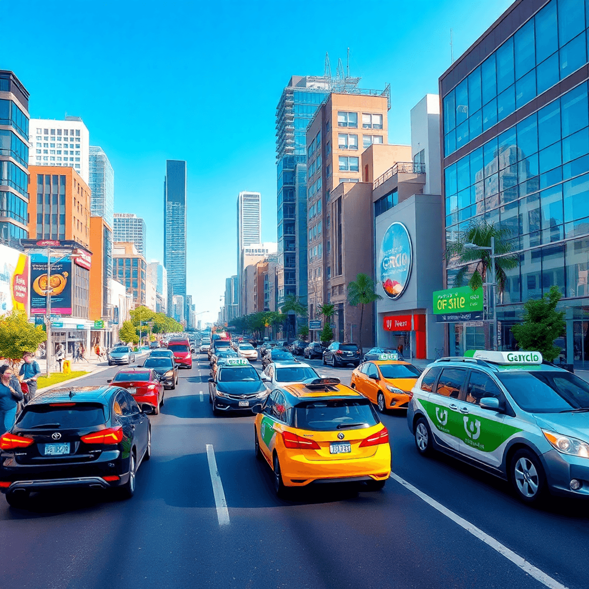 Az ÜBER története: A siker titkai egy egyszerű ötletből Egy élénk és modern városkép, különböző közlekedési eszközökkel, mint autók, kerékpárok és közösségi fuvarozók, az urbanizáció fejlődését szimbolizálva.