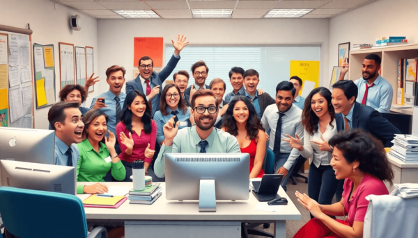 Egy élénk irodai jelenet, ahol az alkalmazottak humoros tevékenységeket végeznek az íróasztalok és számítógépek körül, játékos és könnyed hangulato...