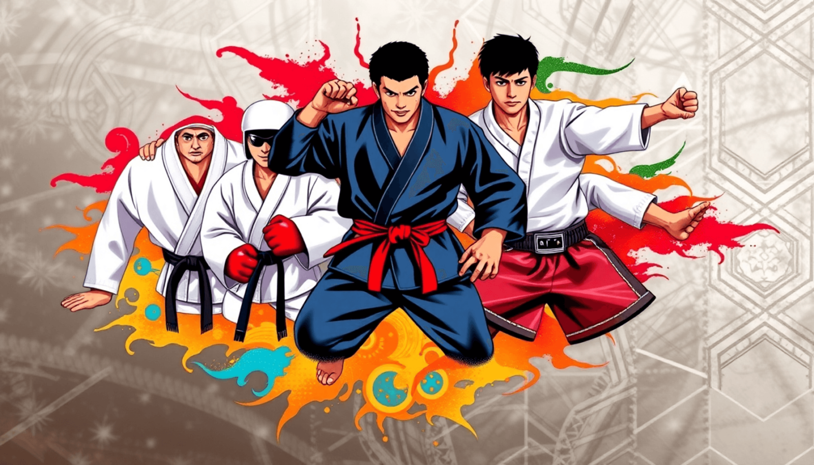 Egy élénk kollázs, amely a harcművészetek szimbólumait mutatja be, beleértve a karate gi-t, judo övet, taekwondo rúgásokat, bokszkesztyűket, Muay T...
