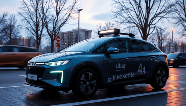 Egy élénk városi jelenet, amelyen egy Uber alkalmazást megjelenítő okostelefon látható, színes autók és egy modern városkép veszi körül, kiemelve a...