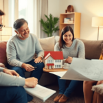 Egy kényelmes nappali, ahol egy család beszélget, háztervek és pénzügyi dokumentumok veszik körül őket, tükrözve izgalmukat a jelzálogválasztás során.