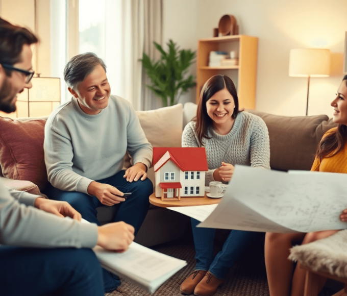 Egy kényelmes nappali, ahol egy család beszélget, háztervek és pénzügyi dokumentumok veszik körül őket, tükrözve izgalmukat a jelzálogválasztás során.