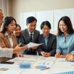 Egy pénzügyi elemzők csoportja hitelkockázati stratégiákról beszélget egy szakmai környezetben, egy táblán diagramokkal és grafikonokkal teli aszta...