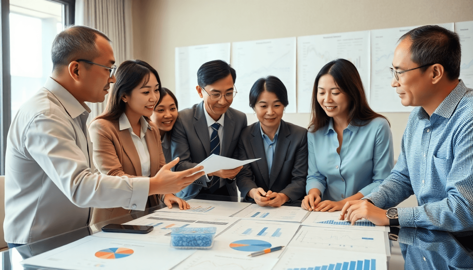 Egy pénzügyi elemzők csoportja hitelkockázati stratégiákról beszélget egy szakmai környezetben, egy táblán diagramokkal és grafikonokkal teli aszta...