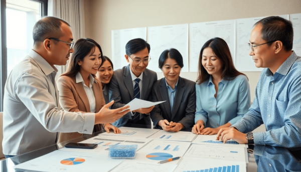 Egy pénzügyi elemzők csoportja hitelkockázati stratégiákról beszélget egy szakmai környezetben, egy táblán diagramokkal és grafikonokkal teli aszta...