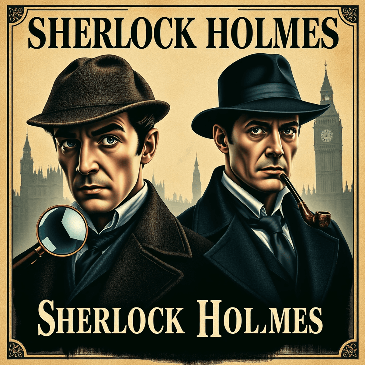 Egy régi stílusú filmes poszter Sherlock Holmesról és Dr. Watsonról, klasszikus viktoriánus öltözetben, titokzatos szimbólumokkal, mint nagyító és füstölgő londoni sziluett.