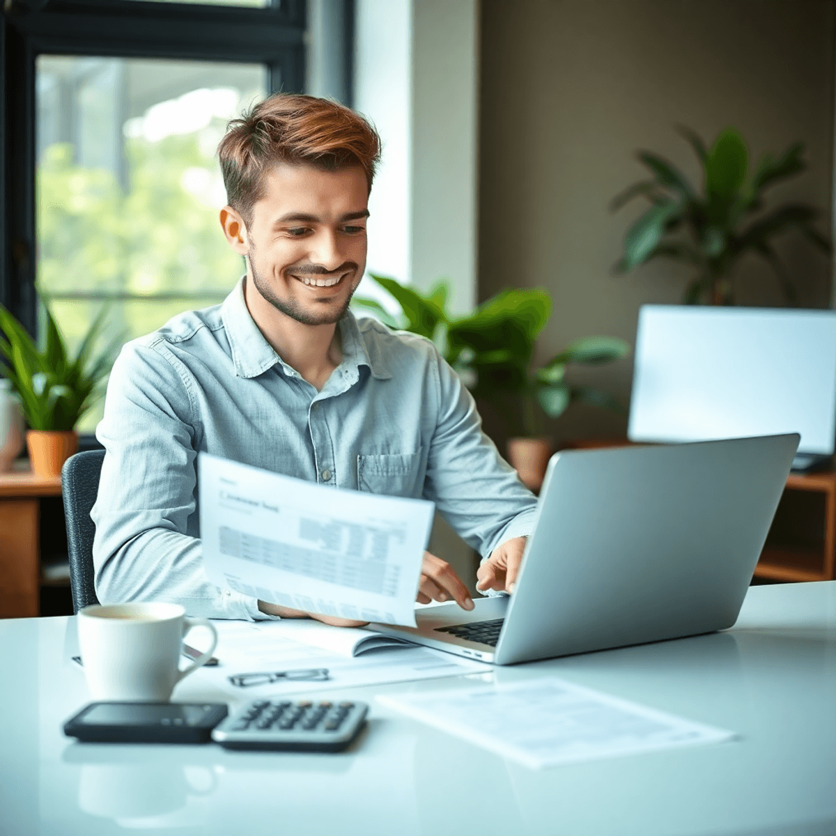 Fiatal felnőtt ül egy íróasztalnál, laptop előtt, pénzügyi dokumentumokat átnézve. A háttérben zöld növények és egy kávéscsésze található.