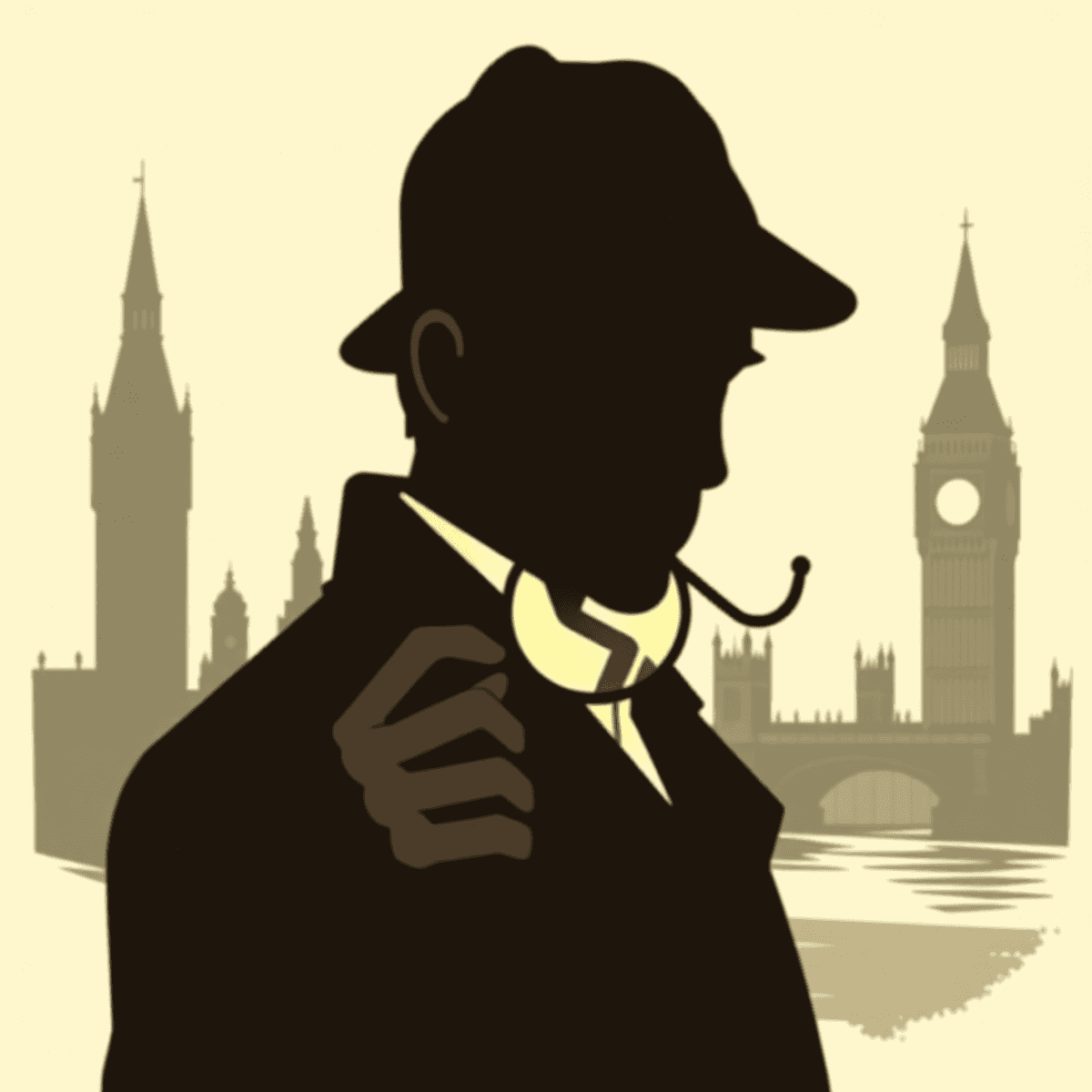 Sherlock Holmes sziluettje, deerstalker kalapban és nagyítóval, ikonikus londoni látképpel a háttérben, titokzatos hangulatot áraszt.