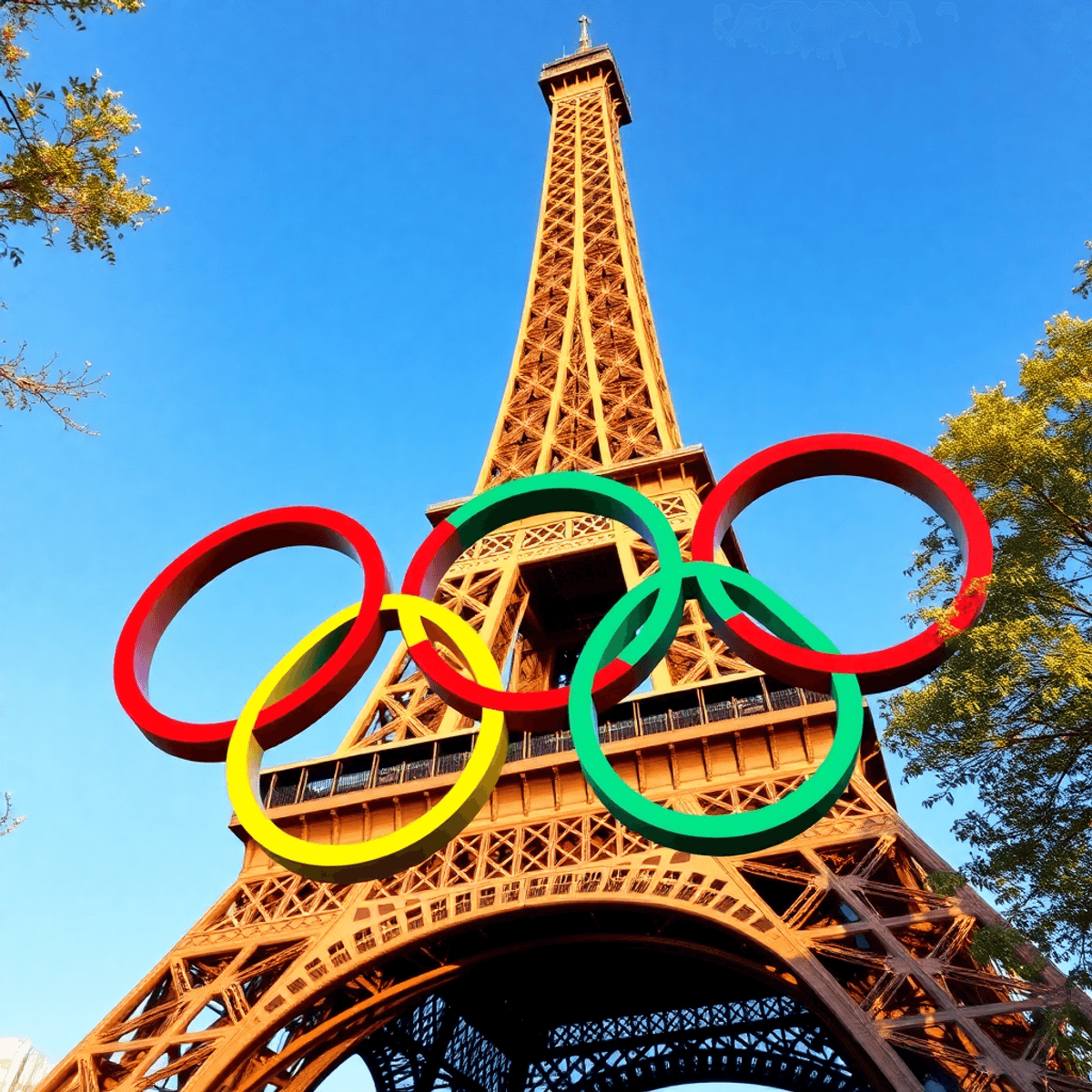 A Színes Olimpiai gyűrűk szimbóluma a háttérben álló Eiffel-torony előtt, élénk kék éggel és ünnepi díszítésekkel, az 2024-es párizsi olimpia izgalmát tükrözve.