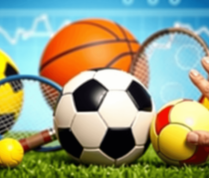 Egy dinamikus kompozíció egy focilabdával, kosárlabdával, teniszütővel és kézilabdával a háttérben, amelyben fogadási esélyek diagramjai találhatók...