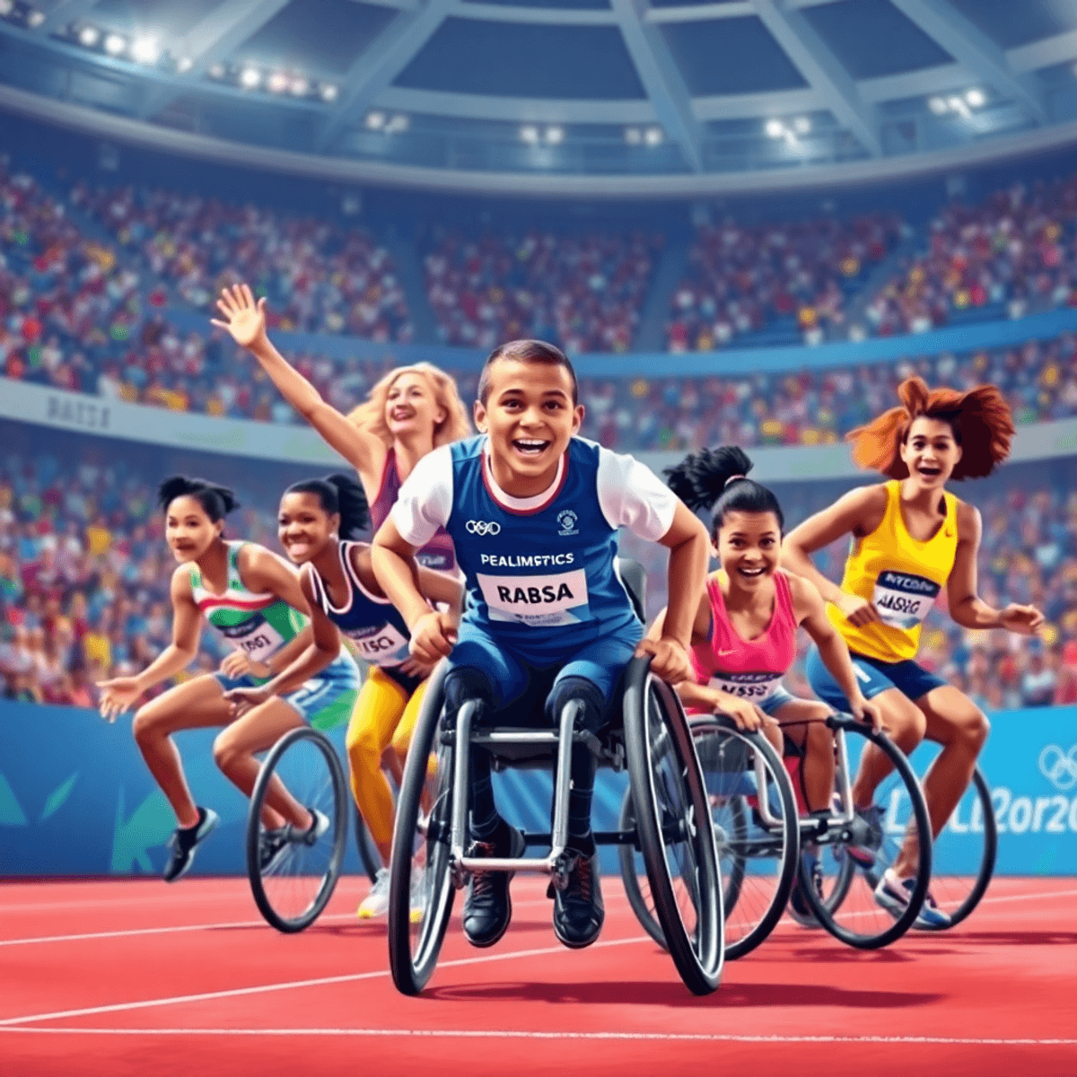 Egy élénk és dinamikus kép, amely sportolók csoportját ábrázolja akció közben a Paralimpiai Játékokon, háttérben egy szurkolókkal teli stadionnal.