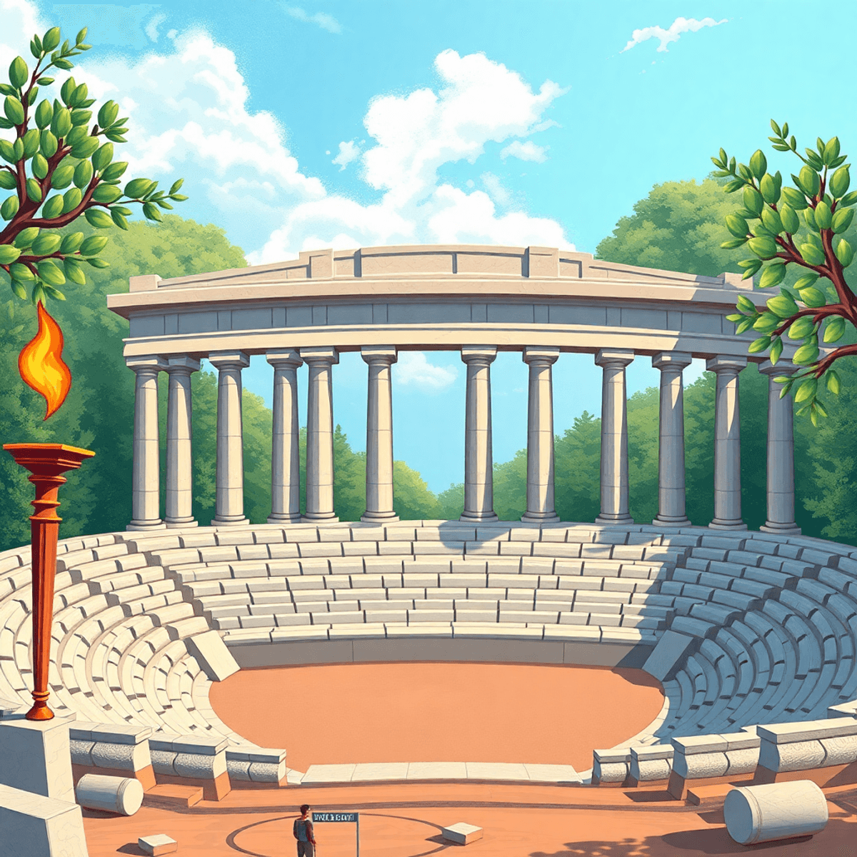 Egy élénk és dinamikus kép egy ókori görög amfiteátrumról, sportágakat szimbolizáló babérkoszorúkkal és fáklyákkal, olajfák háttérben.