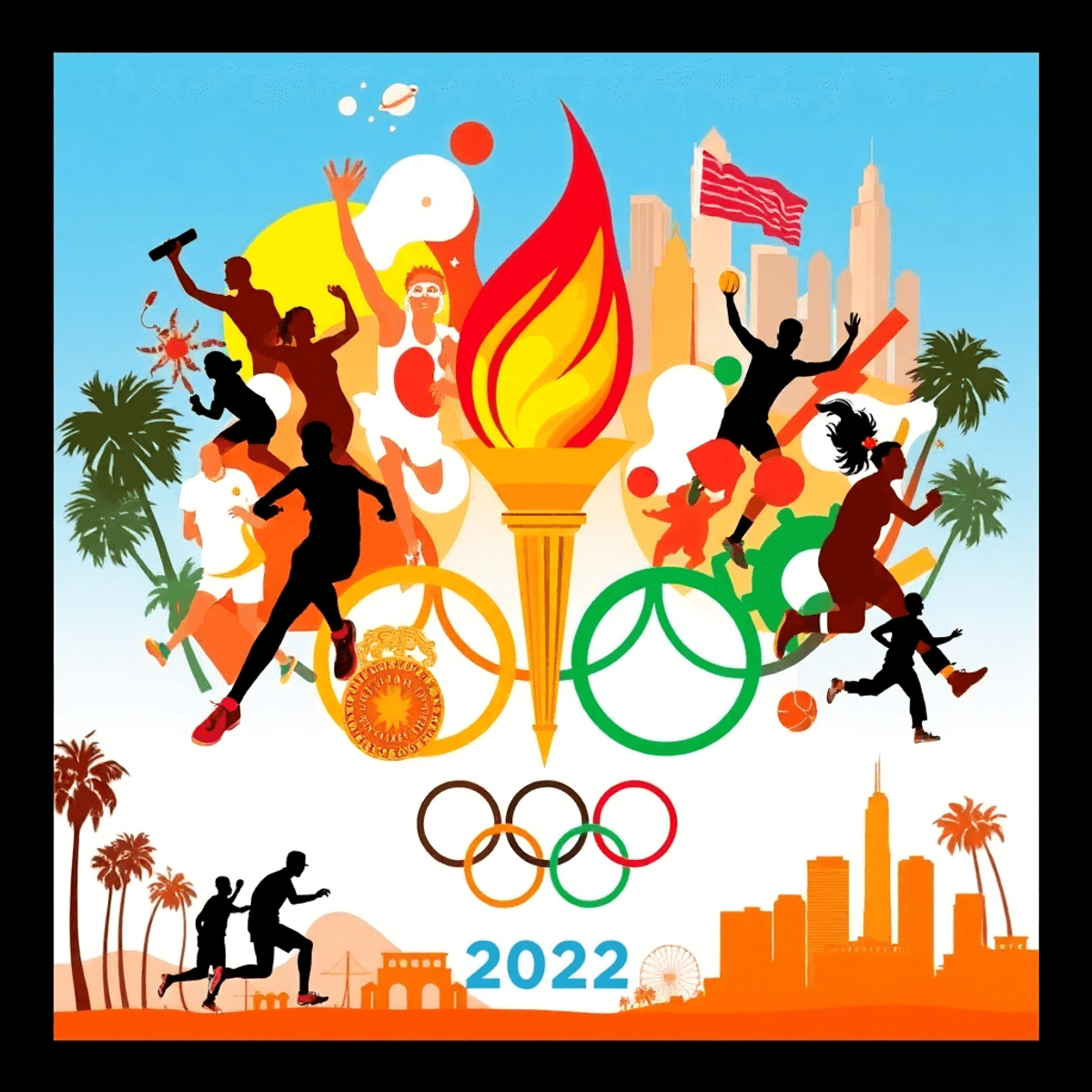 Egy élénk és dinamikus kollázs, amely különböző olimpiai sportokat ábrázol, lánggal, érmekkel és sportolók sziluettjeivel, Los Angeles szellemével.