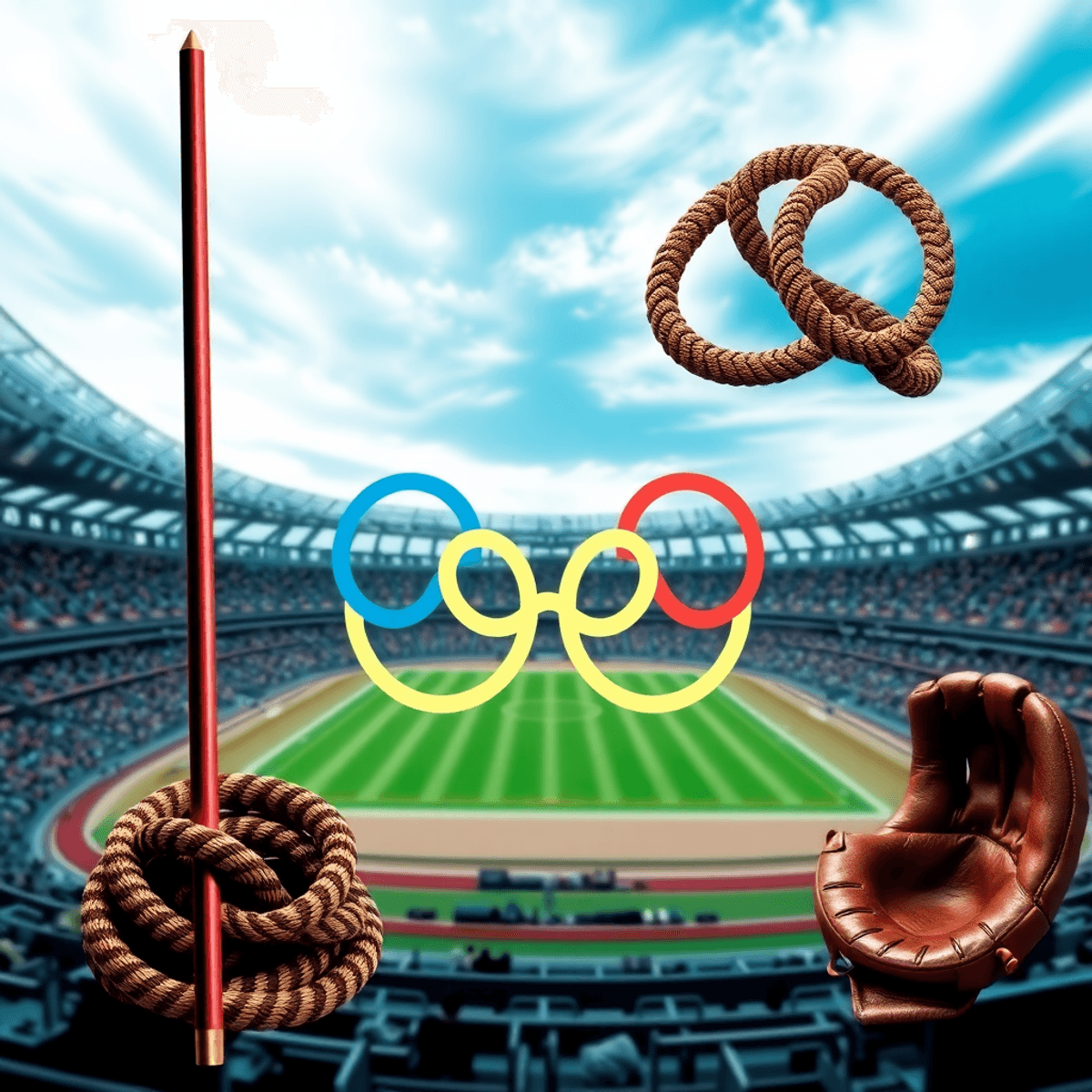 Egy kollázs a megszüntetett olimpiai sportágak szimbólumaival, mint például gerely, kötélhúzó kötél és baseball kesztyű, egy olimpiai stadion hátterében.