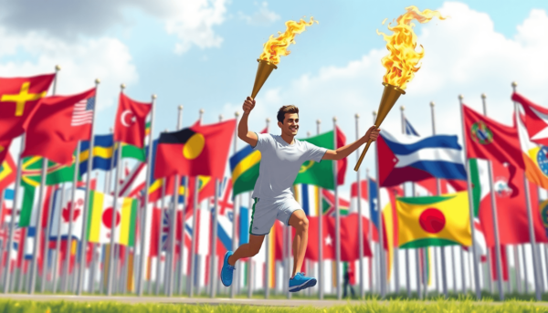 Egy lángvivő olimpiai fáklyával fut, körülötte különböző országok színes zászlóival, megtestesítve az egységet és a nemzetközi barátság szellemét.