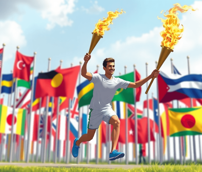 Egy lángvivő olimpiai fáklyával fut, körülötte különböző országok színes zászlóival, megtestesítve az egységet és a nemzetközi barátság szellemét.