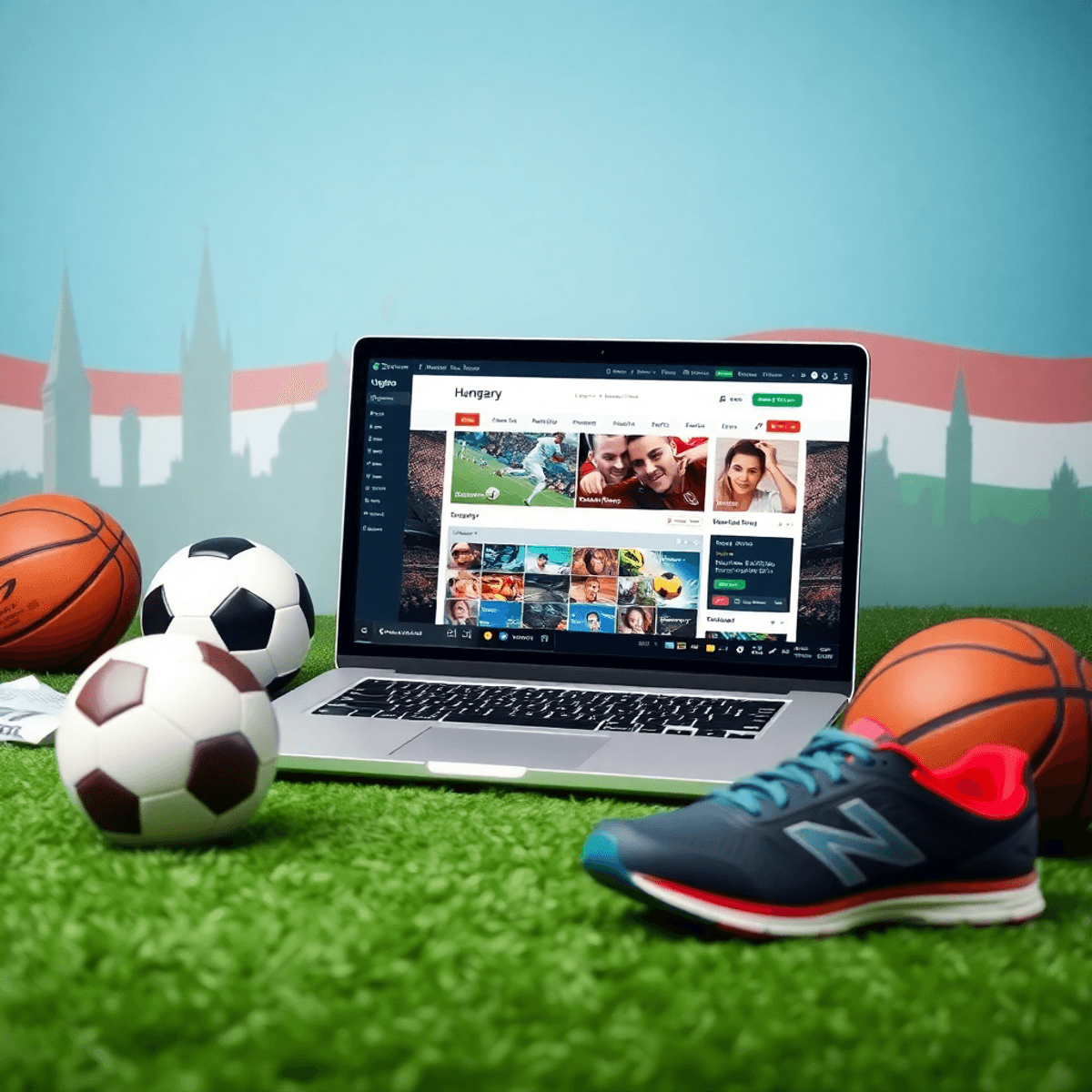 Egy laptop sportfogadási weboldallal, körülötte focilabda, kosárlabda és futócipő. A háttérben Magyarország nemzeti zászlaja vagy ikonikus nevezetességei.