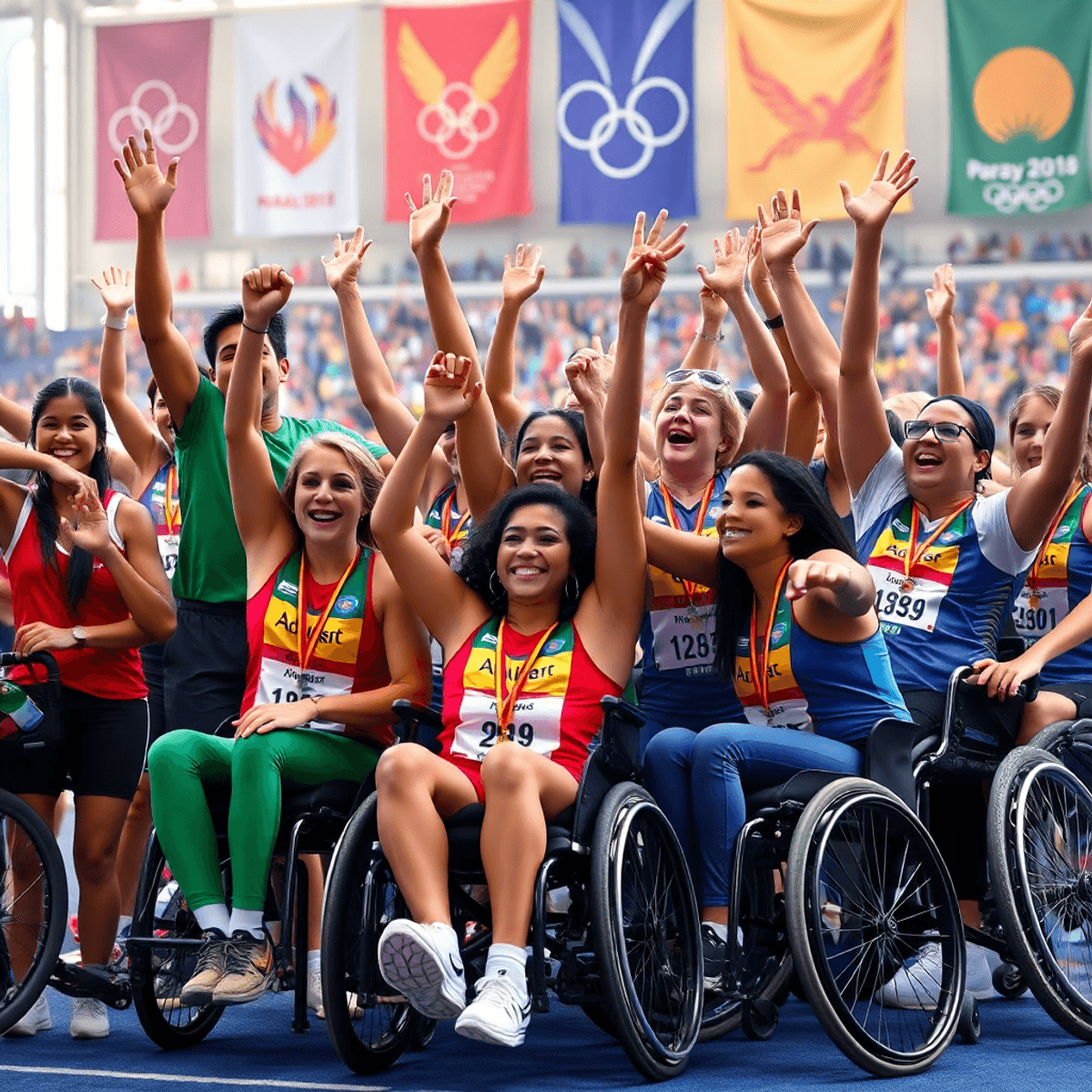Egy színes és vidám kép, ahol különböző sportolók ünnepelnek egy eseményen, háttérben a Paralimpiai Játékok zászlóival és molinóival.