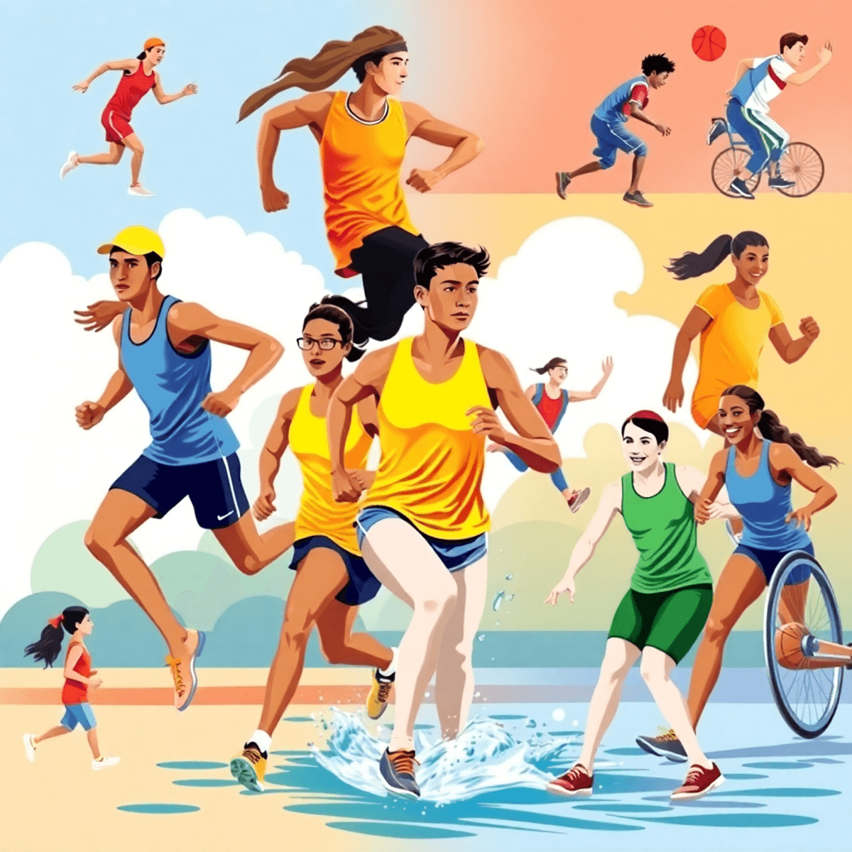 Különböző sportágakban részt vevő emberek, akik csapatmunkát és eltökéltséget mutatnak, például futás, úszás és kerekesszékes kosárlabda.