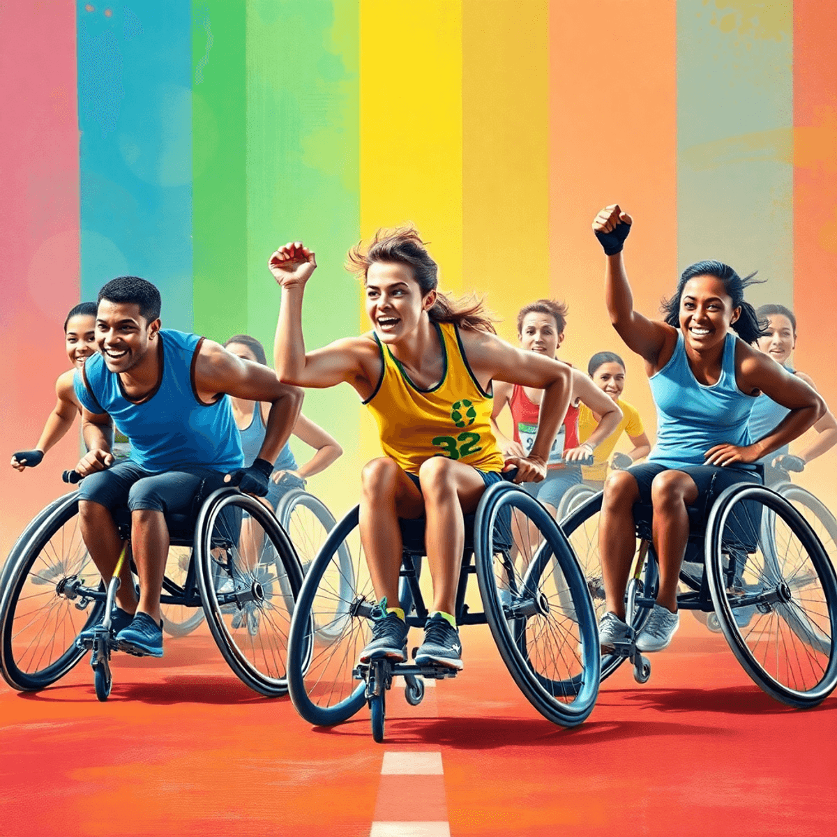 Különböző sportágakban versenyző kerekesszékes sportolók csoportja, akik elszántságot és csapatmunkát mutatnak be egy színes háttér előtt.