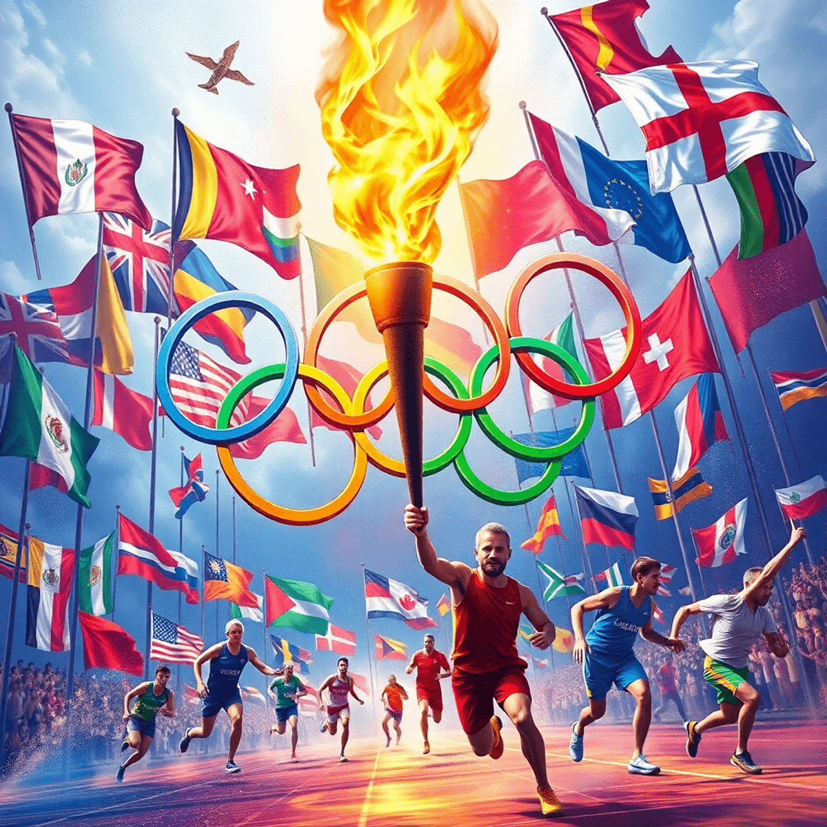 Modern olimpiai játékokat megjelenítő élénk kép, olimpiai gyűrűkkel, lánggal és mozgásban lévő sportolókkal, ünnepi háttérrel és különböző országok zászlóival.